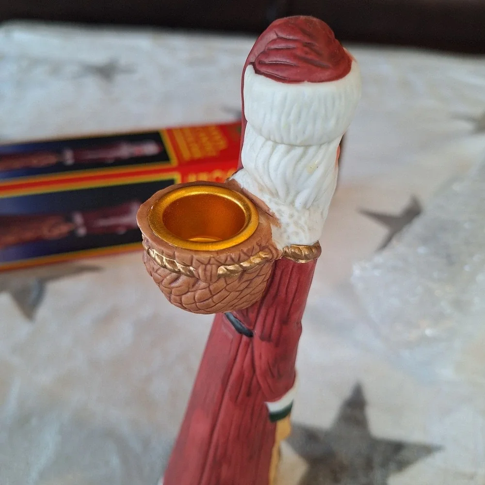 VTG Pencil Thin Santa Candle Holder Hand Painted Very Detailed Stars 8.5